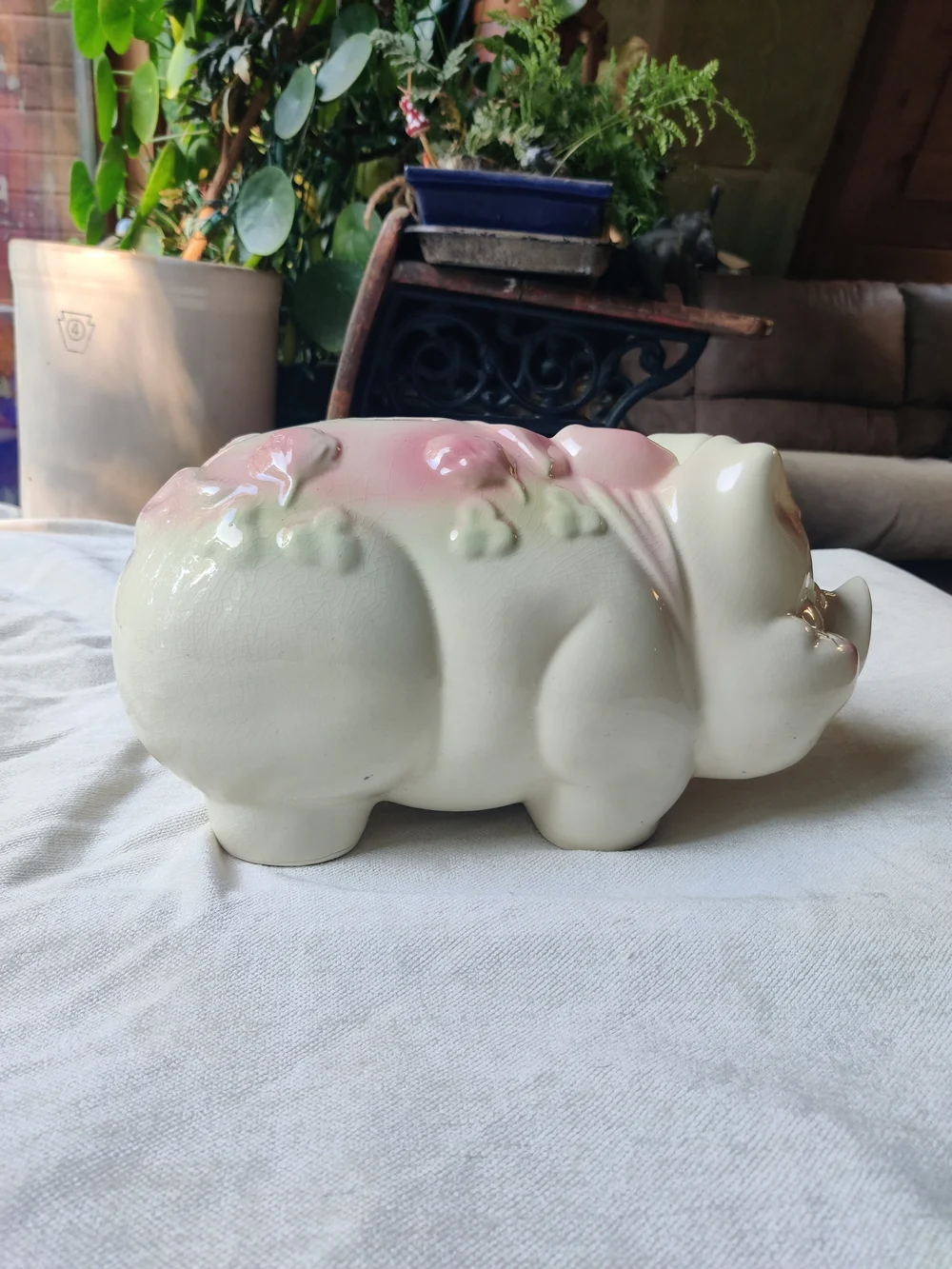 50s Large Piggy Bank Smiley Eyelashes Ribbon Lucky Shamrocks Clover Kitsch 7x13